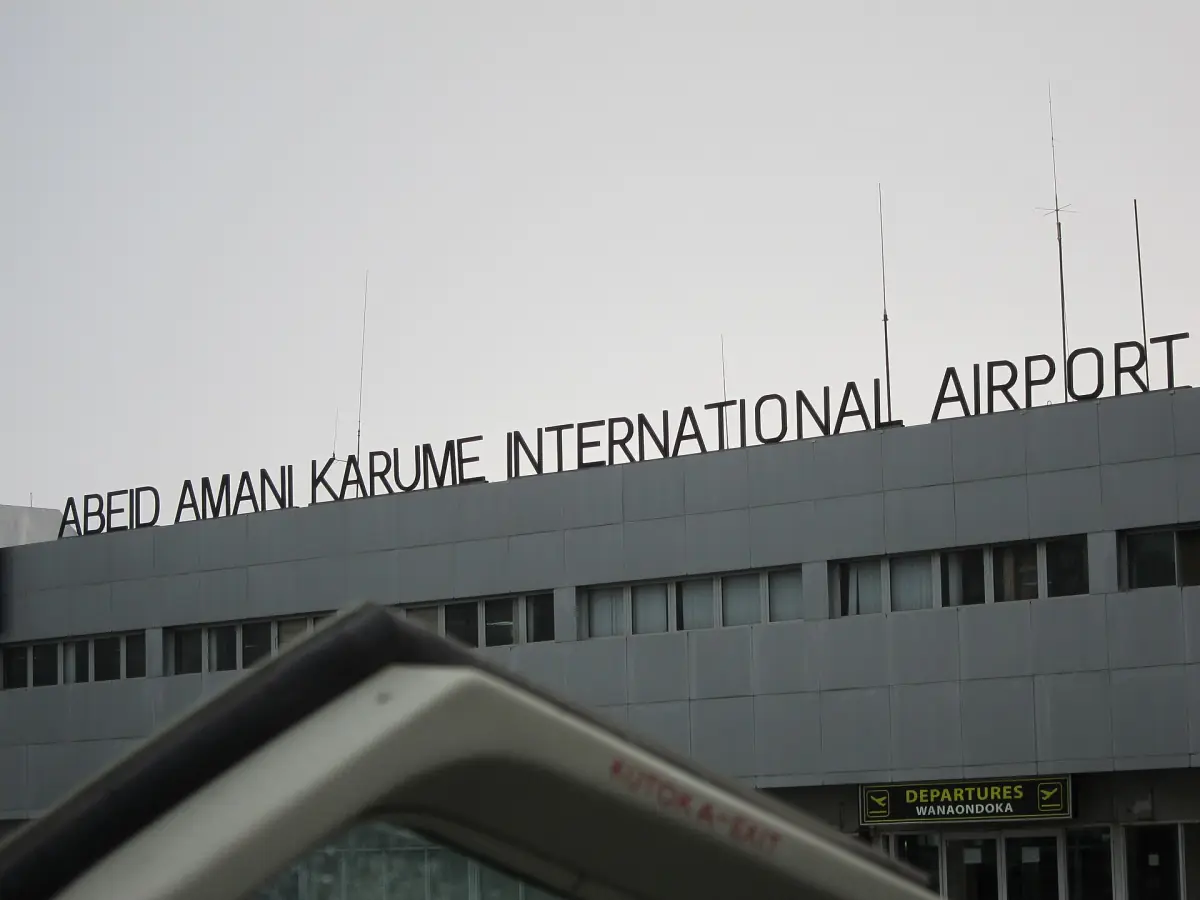 Airport name lettering on the terminal facade at Abeid Amani Karume