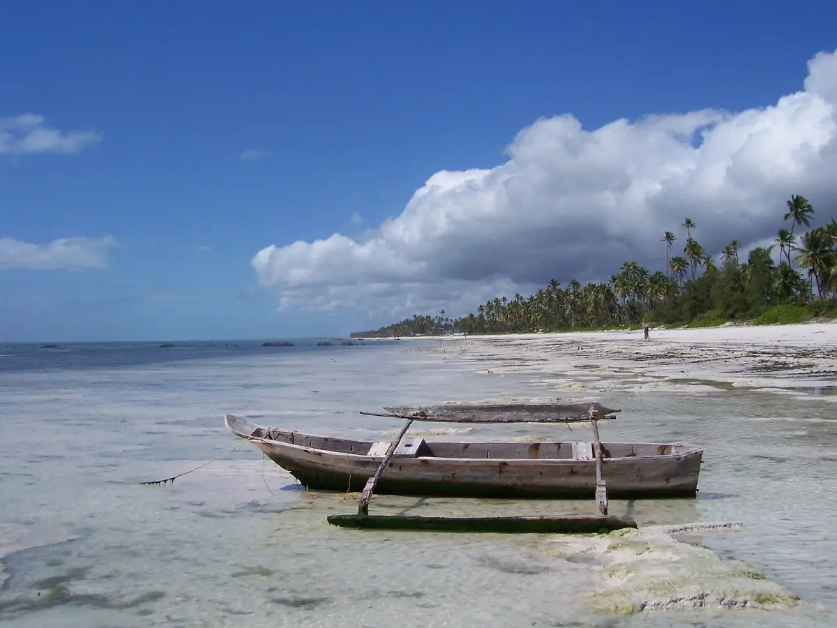 Local dhow at rest on the sand at low tide on the east coast